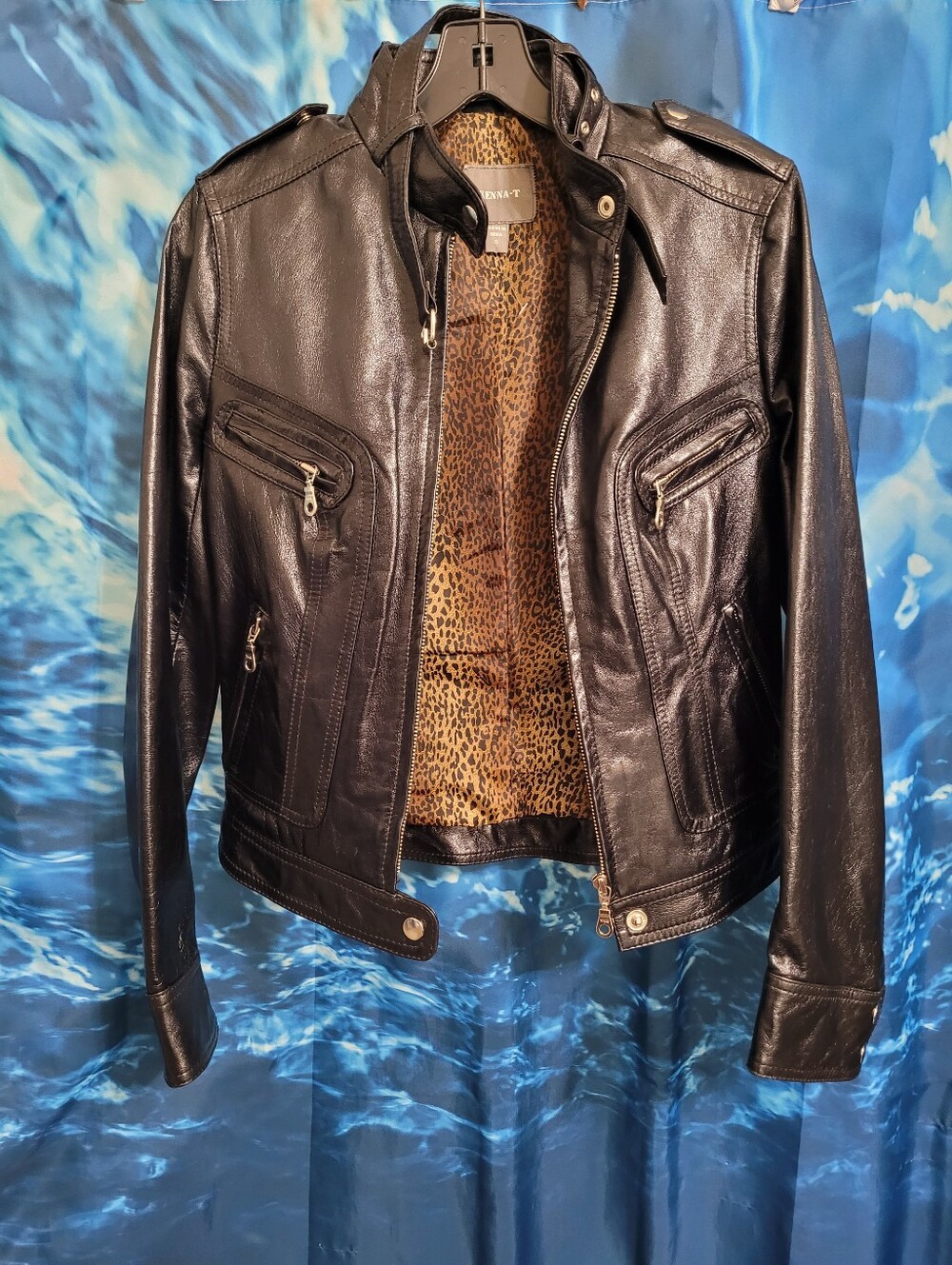 Vintage Kenna T Black Leather Women's Moto Jacket with Leopard Lining Small